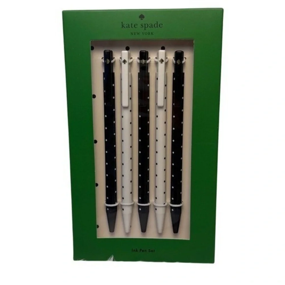 Kate‎ Spade New York Ink Pen Set 5 Pack Black White Polka Dot Gold  Logo NIB